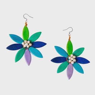 Colorful flower-shaped earrings on a light gray background