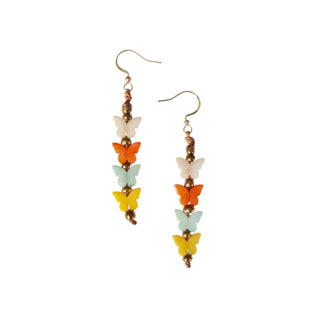 Butterfly-shaped earrings with colorful beads on a white background