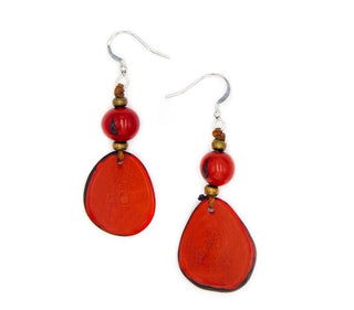 Red teardrop earrings with gold beads on a white background