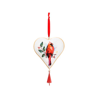 Heart-shaped Christmas ornament with a red cardinal design 