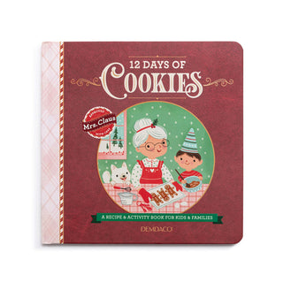 Book titled '12 Days of Cookies' with a festive cover featuring an illustration of a woman baking cookies.
