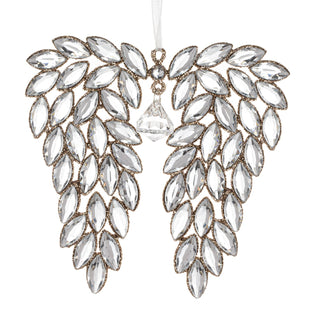 A pair of angel wings hanging ornament made of clear rhinestones in a silver-tone setting, suspended by a white ribbon against a plain white background.