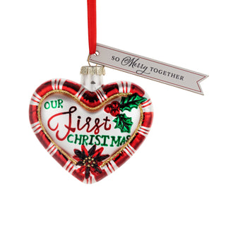 Our First Christmas Glass Ornament Heart shaped striped glass