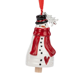 Christmas ornament of a snowman with a red scarf and black top hat