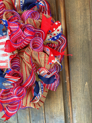 Wreath Mesh Patriotic God Bless Burlap