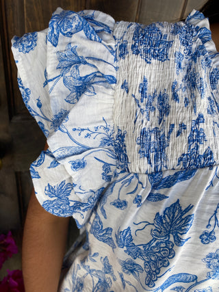 Blue Floral Ruffle Sleeve Blouse Plus