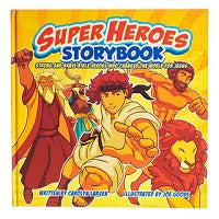 Super Heroes Storybook with colorful illustration of characters and a lion on a yellow background