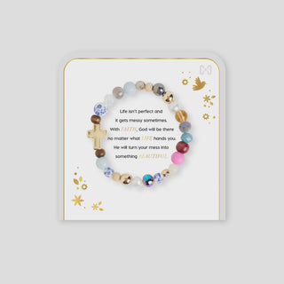 Multicolored beaded bracelet on a card with inspirational message