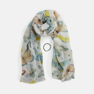 a white scarf with a multicolor butterflies print 