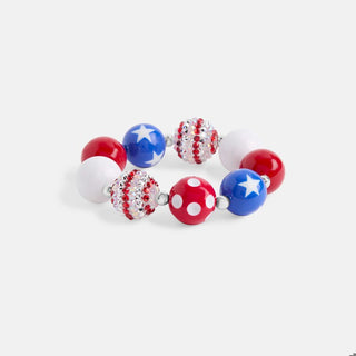Colorful beaded bracelet with red, white, and blue beads on a white background
