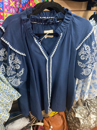 Navy Embroidered Blouse Plus