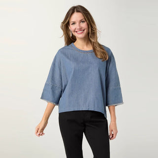 Elly 3/4 Sleeve Top with Fringe - Light Denim