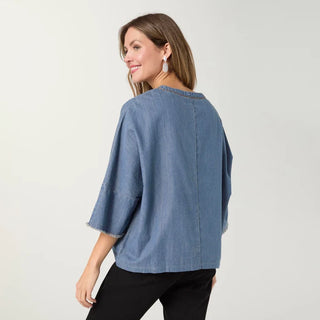 Elly 3/4 Sleeve Top with Fringe - Light Denim