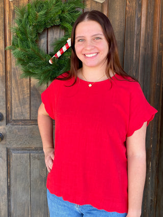 Red Scalloped Linen Blend Top