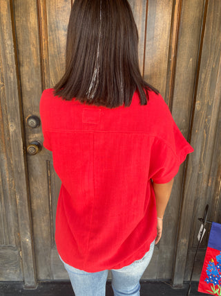 Scallop Hem Linen Blend Top Red