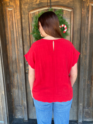 Red Scalloped Linen Blend Top