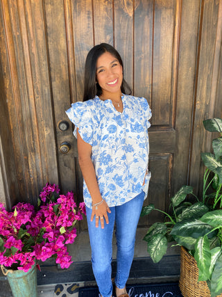 Blue Floral Ruffle Sleeve Blouse