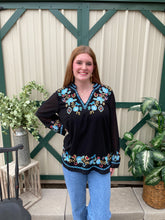 Load image into Gallery viewer, Black Floral w Turquoise Embroidered Top Plus