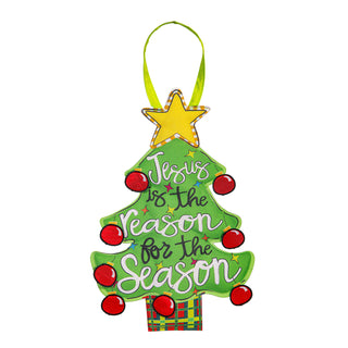 Christmas tree-shaped doorhanger with 'Jesus is the reason for the season'