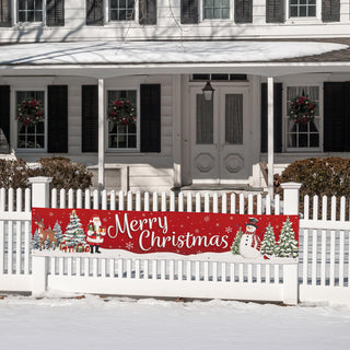 'Merry Christmas' banner with snowman, Santa, and his reindeer