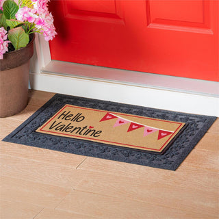 Doormat with 'Hello Valentine' text with pink and red triangle flags 