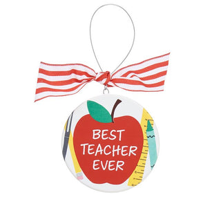 Decorative ornament shaped like an apple with 'Best Teacher Ever' text, tied with a red and white striped ribbon.