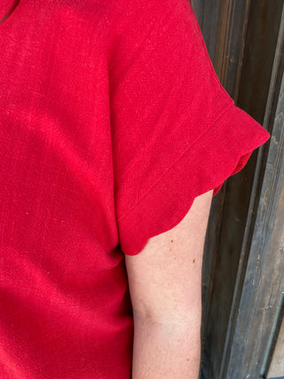 Red Scalloped Linen Blend Top