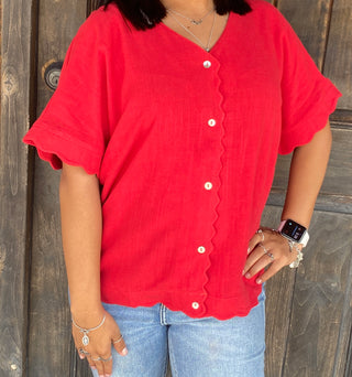 Scallop Hem Linen Blend Top Red