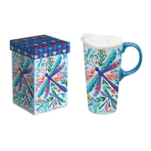 Load image into Gallery viewer, Travel Mug Floral Dragonfly