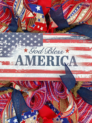 Wreath Mesh Patriotic God Bless Burlap