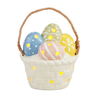 Decorative Easter basket sitter with pastel-colored eggs