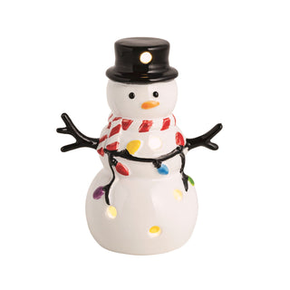 Decorative snowman figurine with a black top hat, candy cane scarf, and string lights on a white background.