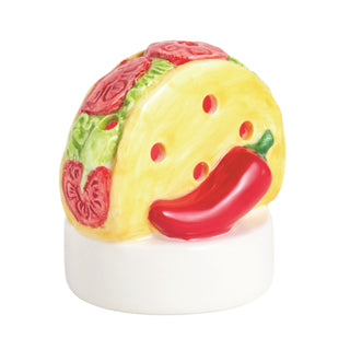 Decorative salt and pepper shaker shaped like a taco with avocado, tomato, and pepper.