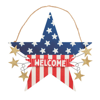 Decorative star-shaped sign with 'WELCOME' banner and stars on a white background