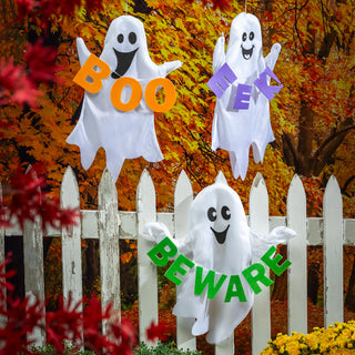 Halloween hanging ghosts 'BOO' 'EEK' 'BEWARE'