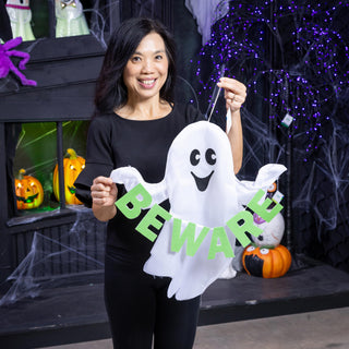 Hanging Ghost Trio with Spooky Sign, Boo, Eek, & Beware