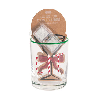 Glass set with light-up drink cubes and a decorative label