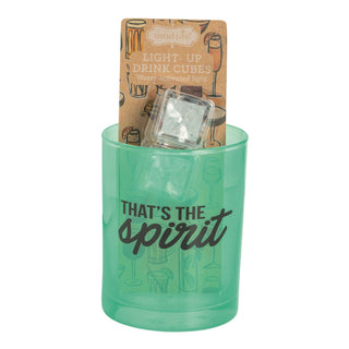 Green cocktail glass with 'That's the spirit' text, light-up drink cubes packaging on a white background
