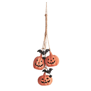 Hanging Halloween decoration with three jack-o'-lanterns and a bat