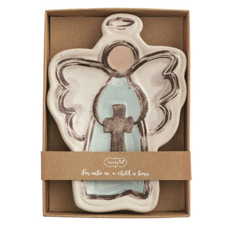 ANGEL WITH CROSS TIDBIT DISH

Presenting the Angel Tidbit Dish, a beautiful and meaningful addition to your holiday serveware. This hand-painted ceramic dish is shaped like an angel with a peaceful halo and gentle wings, holding a rustic cross.