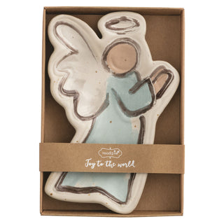 Ceramic angel figurine in a box with 'Joy to the world' text