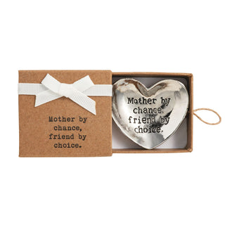 Heart-shaped metal tray with engraved text in a brown box with a white ribbon.