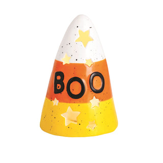 Halloween-themed candy corn-shaped votive with 'BOO' text