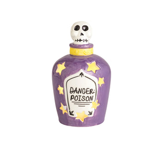 Purple votive with skull design and 'Danger Poison' label 