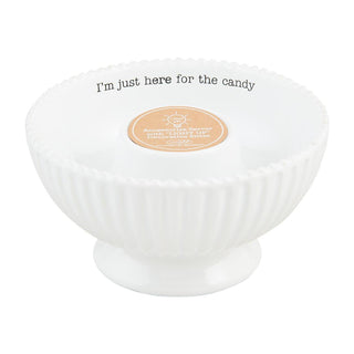 White ceramic bowl with text 'I'm just here for the candy"
