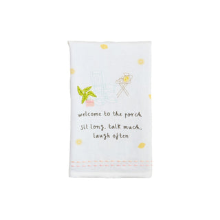 Welcome Porch Drinking Towel	White kitchen towel with 'Welcome to the Porch' drinking design – summer bar towel with colorful text										