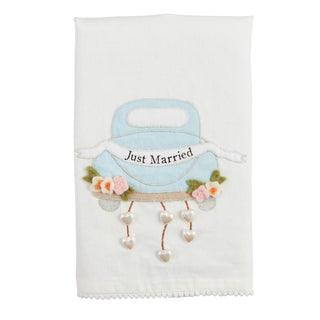 Decorative towel with a blue car and 'Just Married' text on a white background