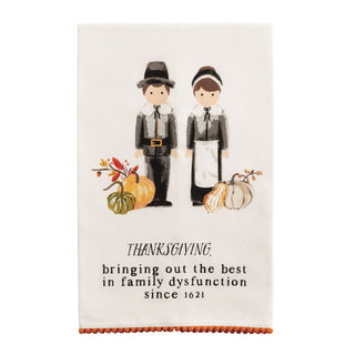 Thanksgiving-themed card with pilgrim figures and pumpkins