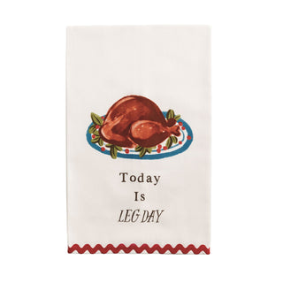 Tea towel with roasted turkey illustration and text 'Today Is LEG DAY' 