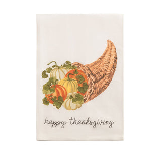 Decorative towel with cornucopia and pumpkins design, featuring 'happy thanksgiving' text.